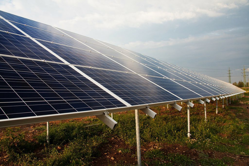 Imagem de painéis de energia solar sob um vasto gramado, ao ar livre, durante o dia.