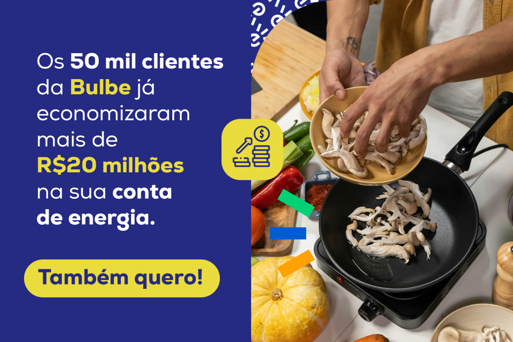 A imagem mostra uma pessoa cozinhando em uma frigideira no fogão elétrico, destacando economia de energia com a Bulbe.