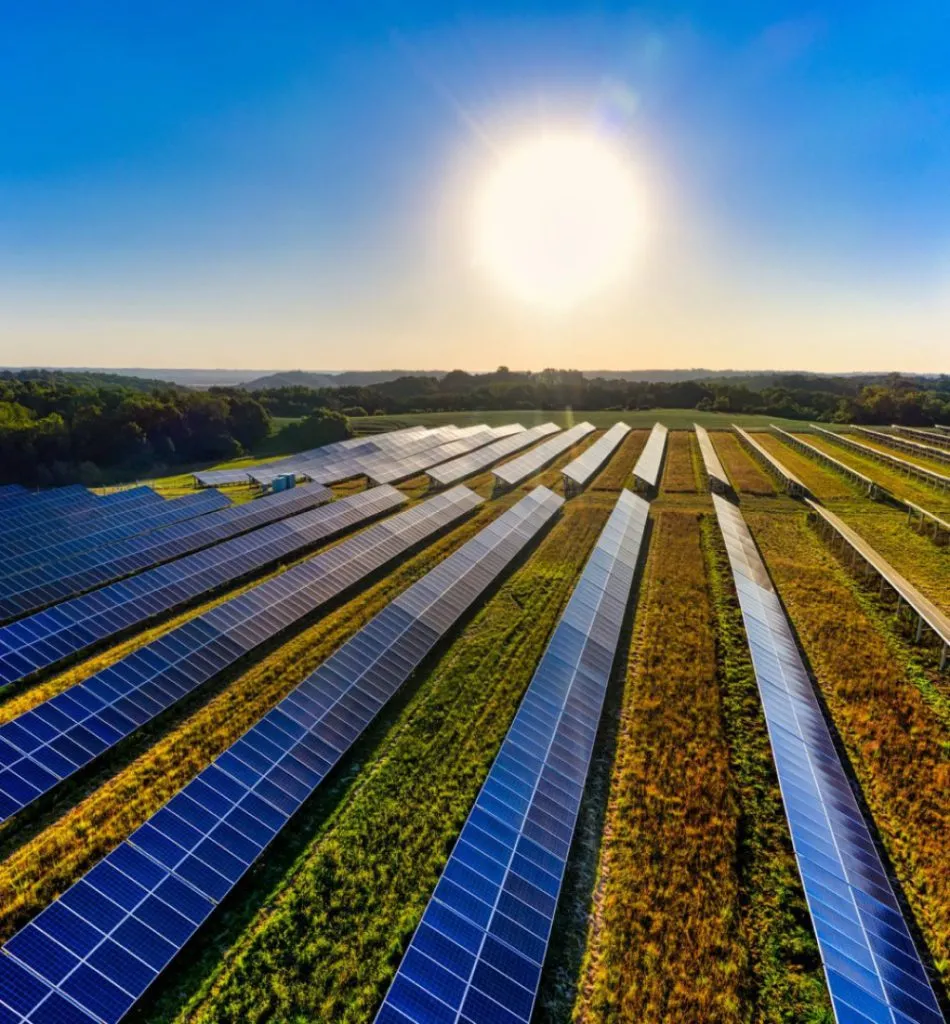  Imagem de um grande campo aberto cheio de painéis solares, responsáveis pela geração de energia elétrica e aquecimento através do sol.