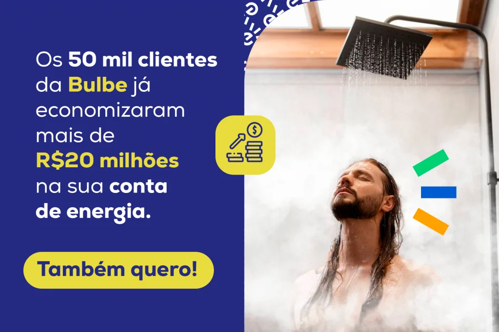 Homem tomando banho em chuveiro elétrico, destacando economia de energia com a Bulbe. Imagem promovendo economia de mais de R$20 milhões na conta de energia do cliente com destaque para a marca Bulbe.
